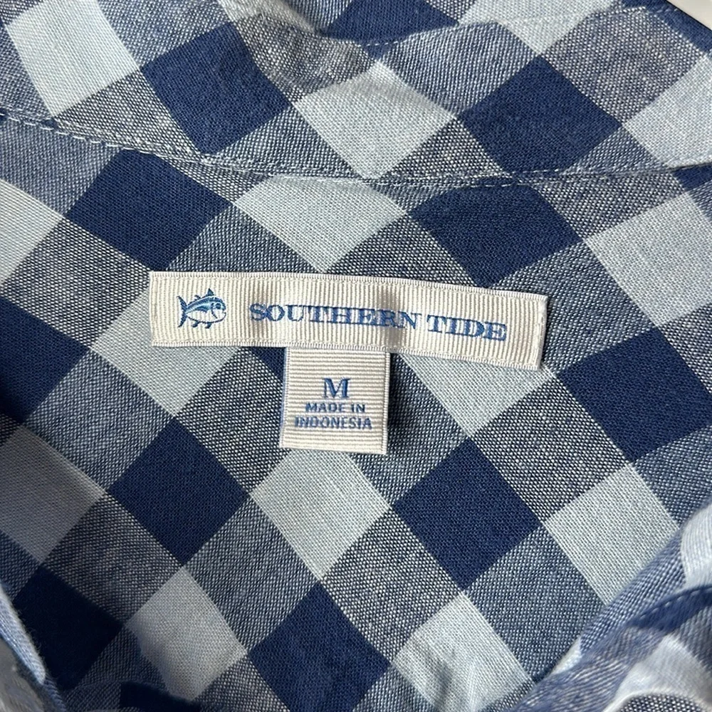 Southern Tide Blue White Gingham Linen‎ Blend Popover Shirt Size M